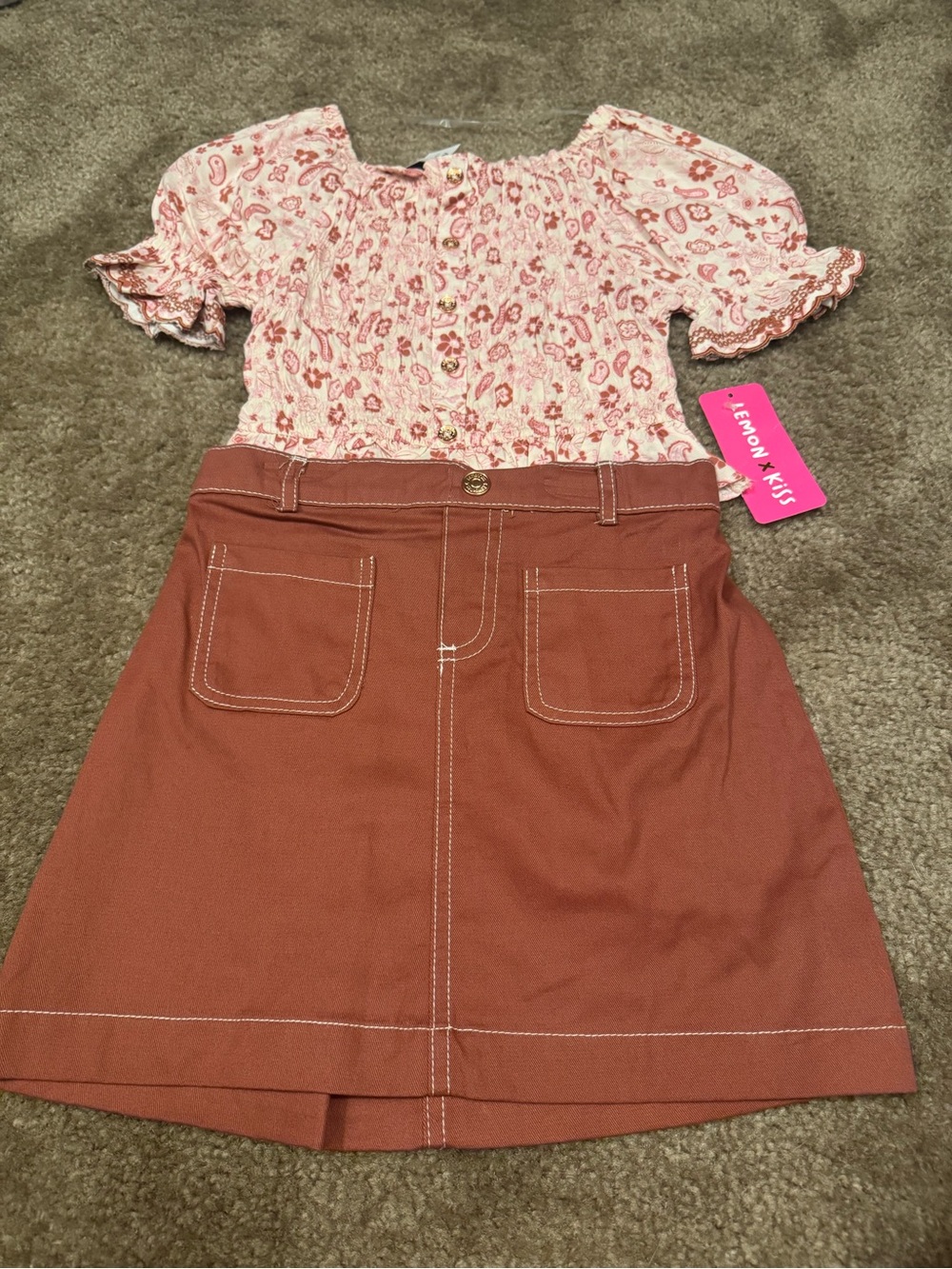 Pink Floral Smocked Top with Rust A-Line Skirt - Girls